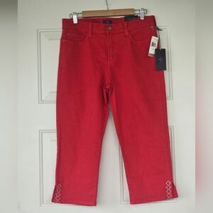 NWT NYDJ Crop Red Crop Jeans Size 8 with Rhinestone Studded Hem Lift Tuck